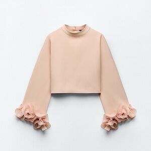 Zara Top Blush Pink Pleated Ruffle Sleeve Top size L so pretty